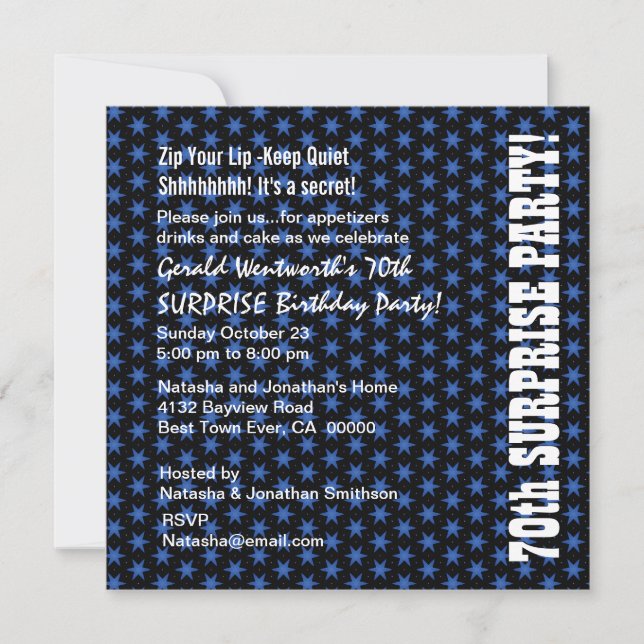 Invitation SURPRISE 70e anniversaire Etoiles bleues et noires (Devant)