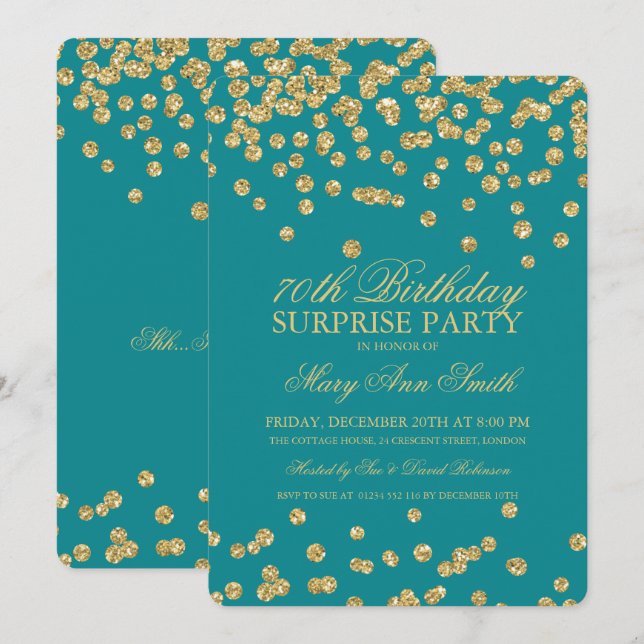 Invitation Surprise 70e anniversaire Gold Parties scintillant (Devant / Derrière)