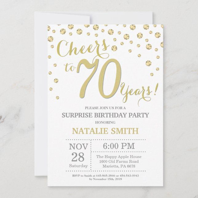 Invitation Surprise 70e anniversaire Gold Parties scintillant (Devant)