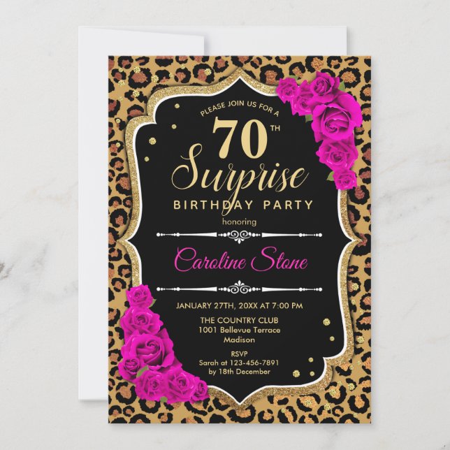 Invitation Surprise 70e anniversaire - Leopard Black Gold Ros (Devant)