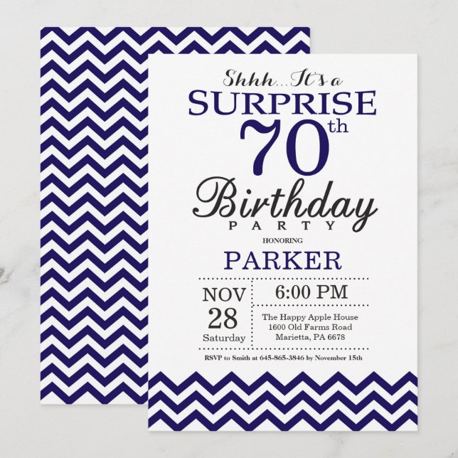 Invitation Surprise 70e anniversaire Marine Blue Chevron (Devant / Derrière)