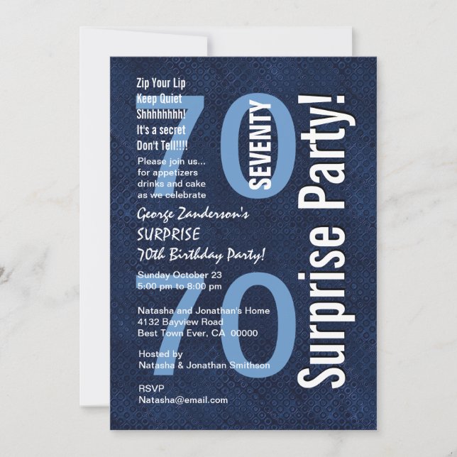Invitation SURPRISE 70e anniversaire Moderne Royal Blue R604 (Devant)