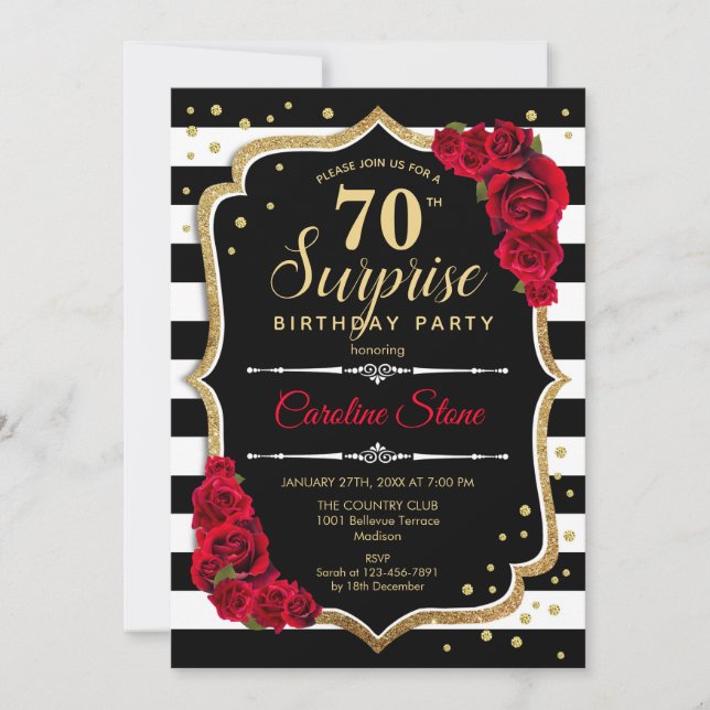 Invitation Surprise 70e anniversaire - Noir Blanc Rouge (Devant)