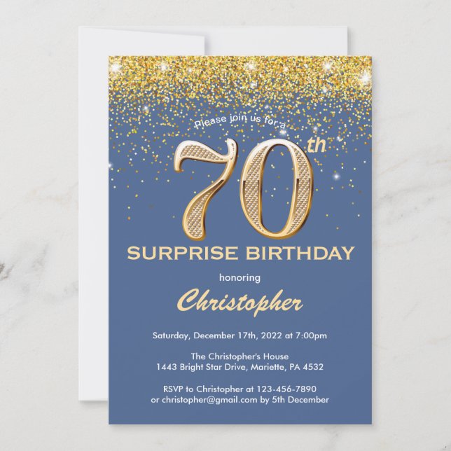 Invitation Surprise 70e anniversaire Parties scintillant bleu (Devant)