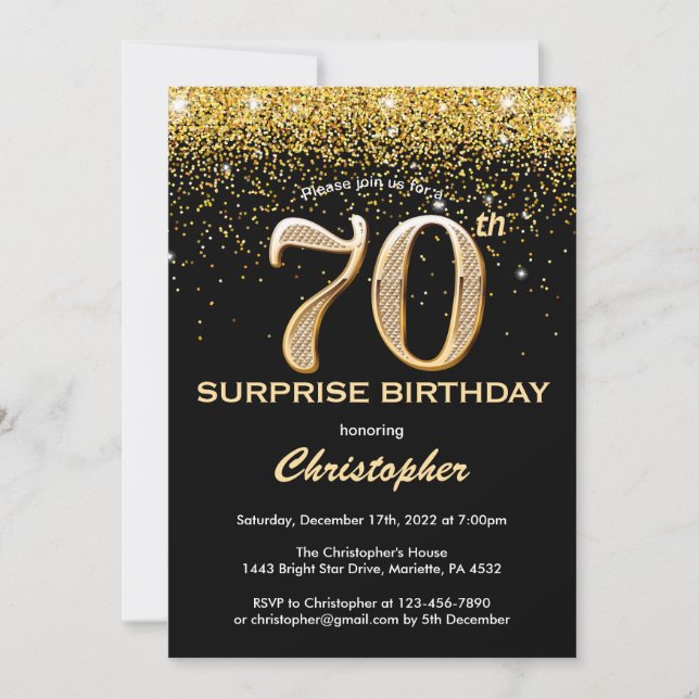 Invitation Surprise 70e anniversaire Parties scintillant noir (Devant)