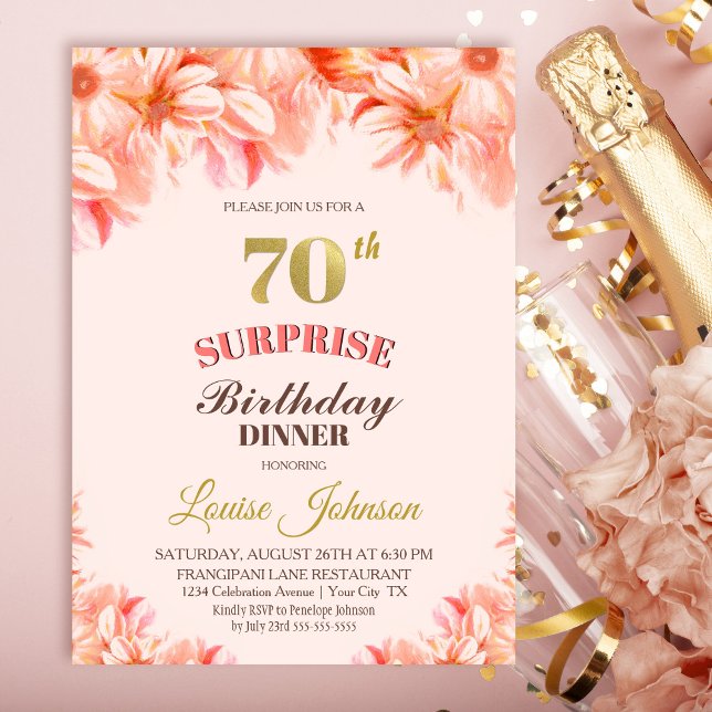 Invitation Surprise 70e anniversaire Pink Gold Floral Dîner (Créateur téléchargé)