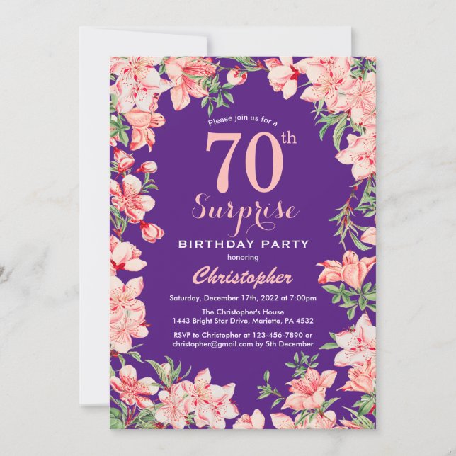 Invitation Surprise 70e anniversaire rose fleurs florales vio (Devant)
