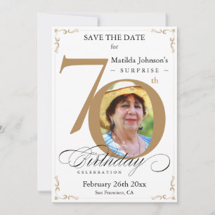 Invitation Surprise 70e anniversaire Save The Date Gold White