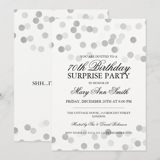 Invitation Surprise 70e anniversaire Silver Foil Parties scin (Devant / Derrière)