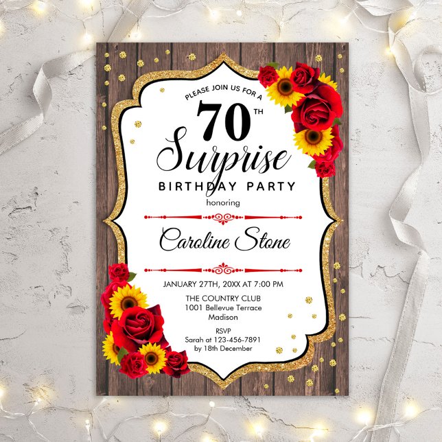 Invitation Surprise 70e anniversaire - Tournesols Bois rustiq (Créateur téléchargé)