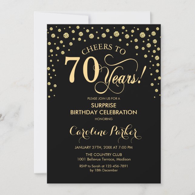 Invitation Surprise 70e fête d'anniversaire - Gold Black (Devant)