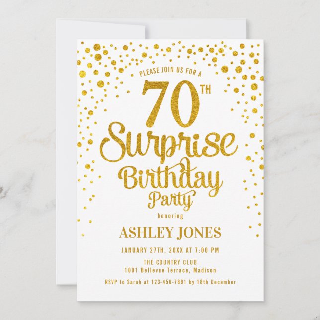 Invitation Surprise 70e fête d'anniversaire - Gold & White (Devant)