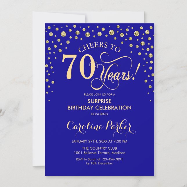 Invitation Surprise 70e fête d'anniversaire - Royal Blue Gold (Devant)