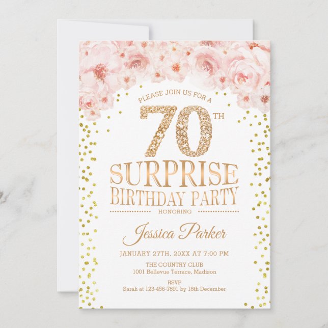 Invitation Surprise 70e fête d'anniversaire - White Gold Pink (Devant)