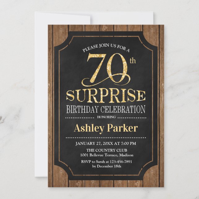 Invitation Surprise 70e fête d'anniversaire - Wood Gold (Devant)