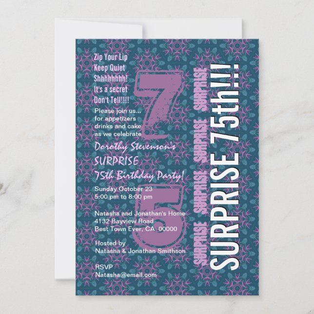 Invitation SURPRISE 75e anniversaire moderne Purple et Turquo (Devant)