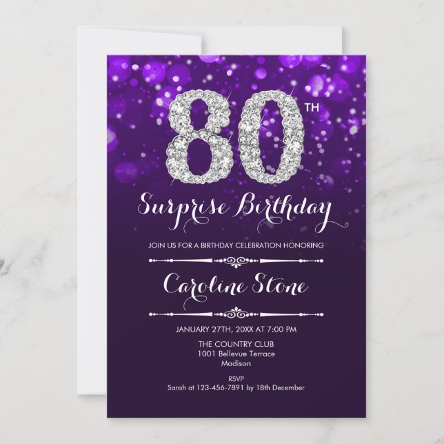 Invitation Surprise 80e anniversaire - Argent violet (Devant)
