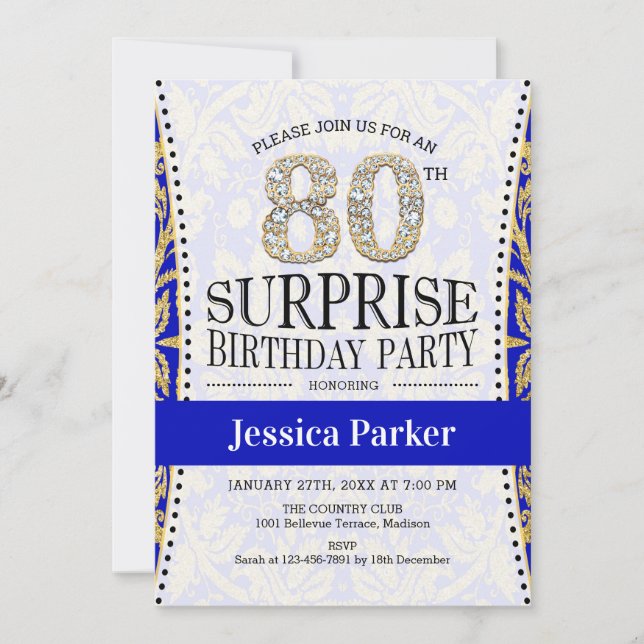 Invitation Surprise 80e anniversaire - Blanc Gold Royal Blue (Devant)
