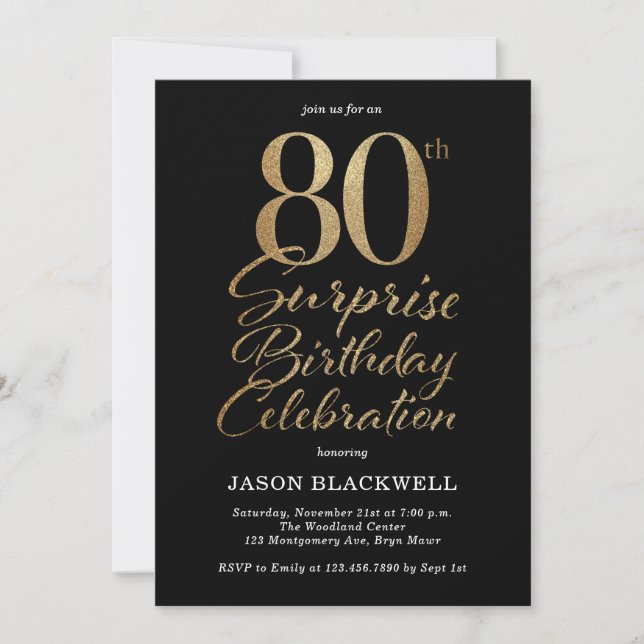 Invitation Surprise 80e anniversaire Célébration Black & Gold (Devant)