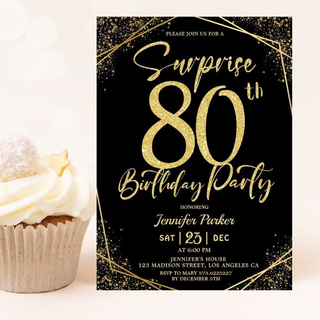 Invitation Surprise 80e anniversaire fête Chic Black & Gold (Créateur téléchargé)