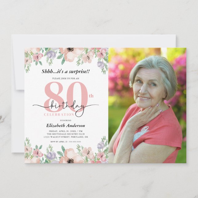 Invitation Surprise 80e anniversaire fête Elégante photo flor (Devant)