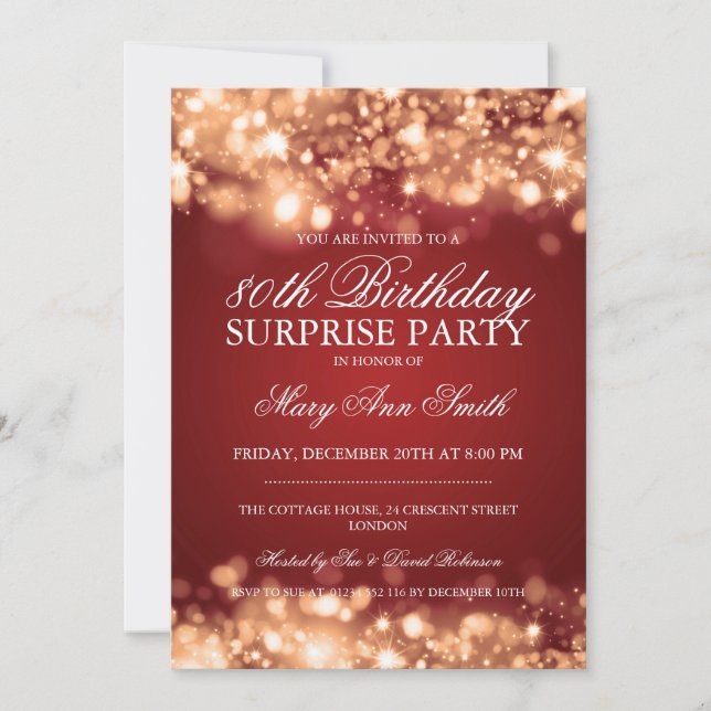 Invitation Surprise 80e anniversaire Gold & Red Sparkling lum (Devant)