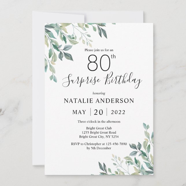 Invitation Surprise 80e anniversaire Green Eucalyptus Green (Devant)