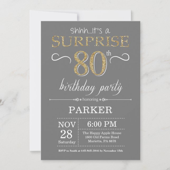 Invitation surprise 80e anniversaire Grey and Gold (Devant)