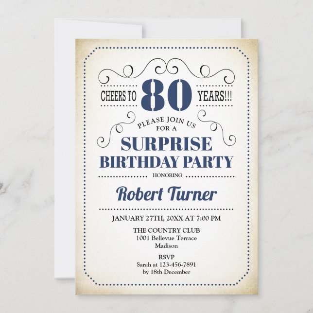 Invitation Surprise 80e anniversaire - Marine bleu blanc noir (Devant)