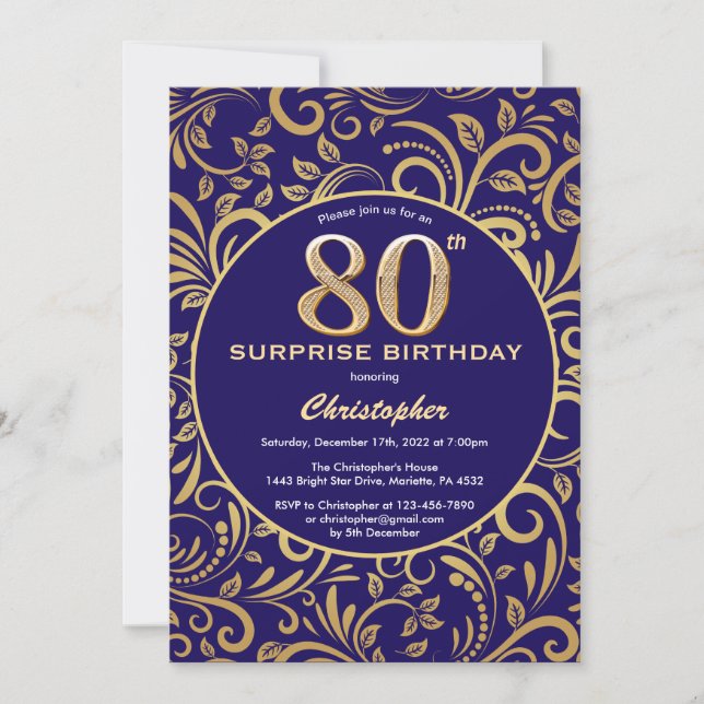 Invitation Surprise 80e anniversaire Marine bleu et or floral (Devant)