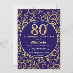 Invitation Surprise 80e anniversaire Marine bleu et or floral