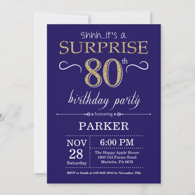 Invitation Surprise 80e anniversaire Marine Blue and Gold Par (Devant)
