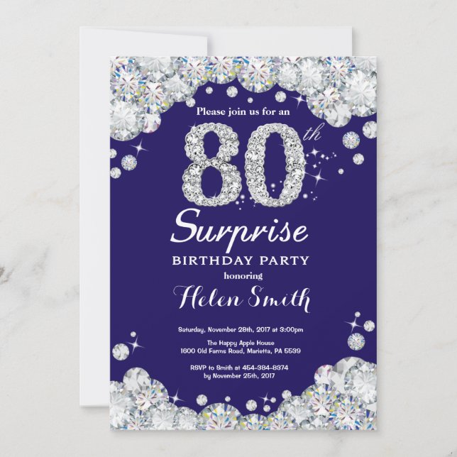 Invitation Surprise 80e anniversaire Marine Blue Silver Diamo (Devant)