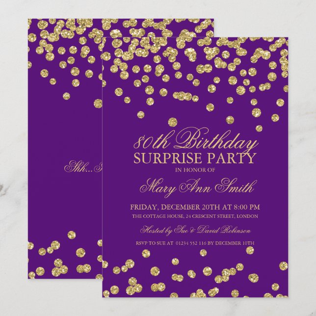 Invitation Surprise 80e anniversaire Parties scintillant d'or (Devant / Derrière)