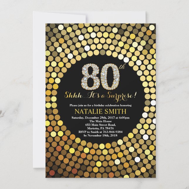 Invitation Surprise 80e anniversaire Parties scintillant noir (Devant)