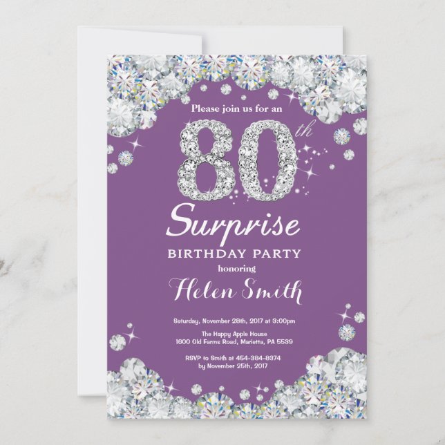 Invitation Surprise 80e anniversaire Purple et Silver Diamond (Devant)