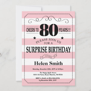 Invitation Surprise 80e anniversaire rayures roses et blanche