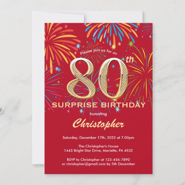 Invitation Surprise 80e anniversaire Red & Gold Rainbow Firew (Devant)