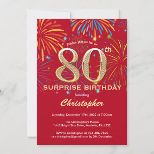 Invitation Surprise 80e anniversaire Red & Gold Rainbow Firew