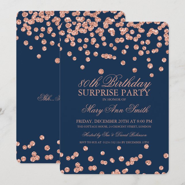 Invitation Surprise 80e anniversaire Rose Gold Parties scinti (Devant / Derrière)