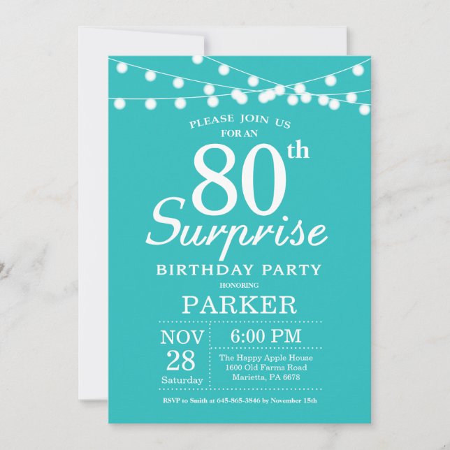 Invitation Surprise 80e anniversaire Turquoise Aqua Turquoise (Devant)