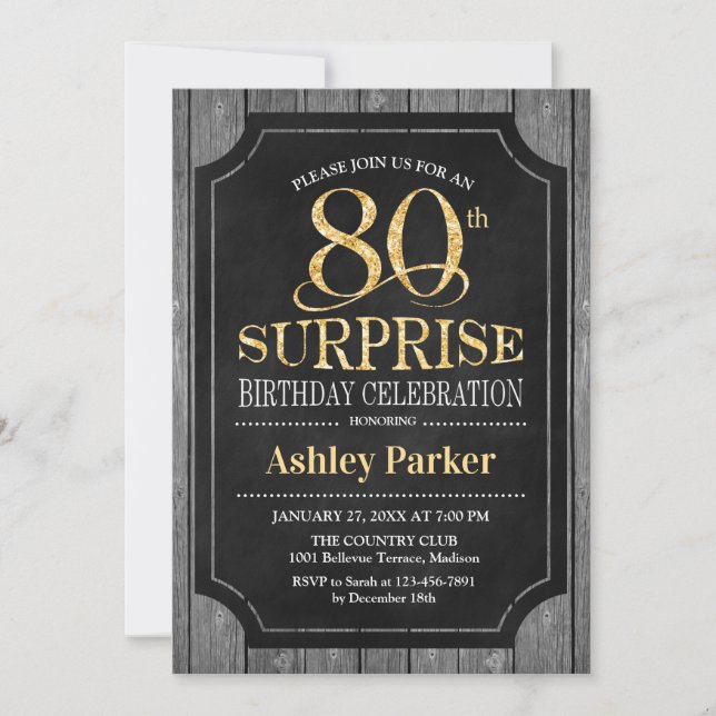 Invitation Surprise 80e fête d'anniversaire - Chalkboard Gold (Devant)