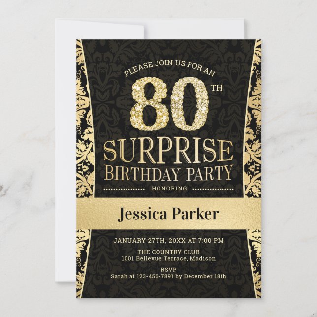 Invitation Surprise 80e fête d'anniversaire - Gold Black (Devant)