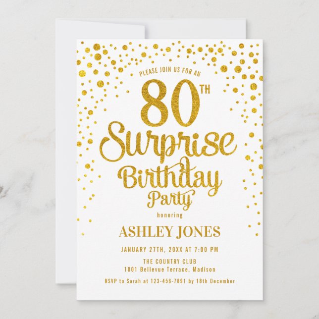 Invitation Surprise 80e fête d'anniversaire - Gold & White (Devant)