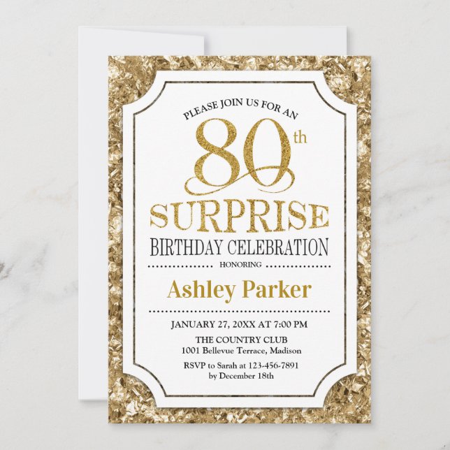 Invitation Surprise 80e fête d'anniversaire - Gold White (Devant)