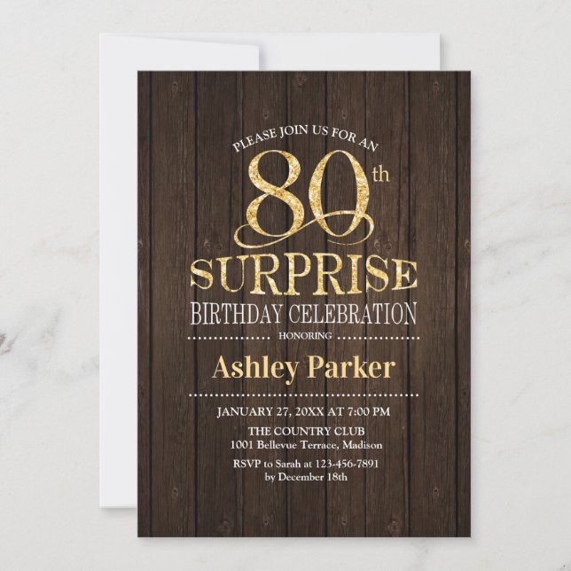 Invitation Surprise 80e fête d'anniversaire - Gold Wood (Devant)