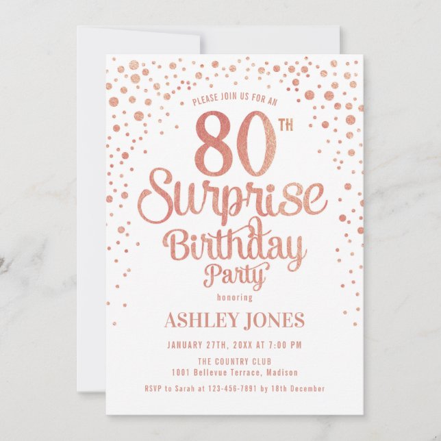 Invitation Surprise 80e fête d'anniversaire - Rose Gold & Whi (Devant)