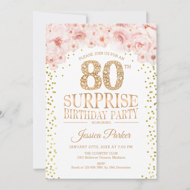 Invitation Surprise 80e fête d'anniversaire - White Gold Pink (Devant)