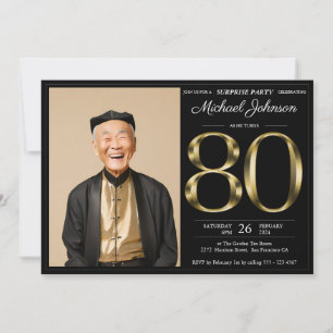 Invitation Surprise 80ème Black Gold Texte Photo Anniversaire