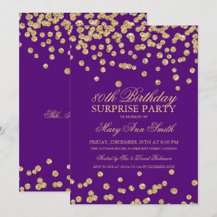 Invitation Surprise 80th Birthday Gold Glitter Purple